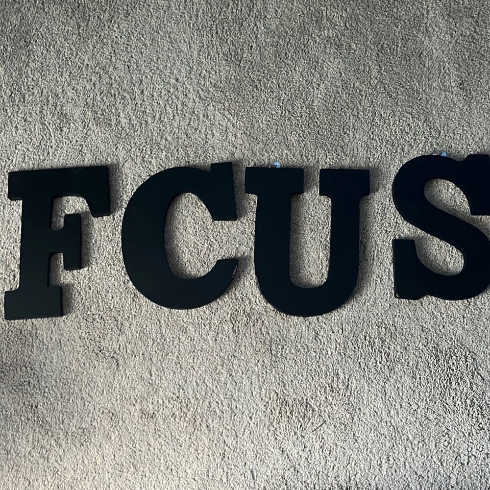 9” Black Block Hanging Capital Letters “FCUS” for Classroom Use with Wall Clock